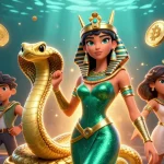 Vivez l'excitation du bonus de casino en ligne à travers une scène 3D époustouflante mettant en vedette une femme magique et des cryptomonnaies vibrantes.