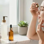 Aplicând ser facial într-un spațiu luminos de baie, evidențiind o rutină de îngrijire a pielii luxoasă.