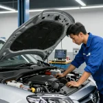 Professional car mechanic inspecting a vehicle's engine in a modern garage with tools and diagnostic equipment.
