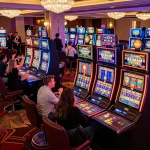 Pemain yang berinteraksi dengan mesin slot berwarna-warni di kasino Paris888, menampilkan permainan yang mendebarkan.