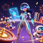 Win big at uu88 with a stunning digital casino scene featuring a futuristic woman, robot dog, and exciting games!