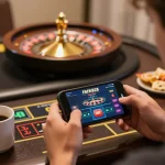 Player engaging in FAFA828 mobile gaming while analyzing bets, creating a strategic gaming atmosphere.