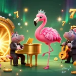 Experience vibrant gaming fun at mpo500 with a cartoon flamingo pianist and hippo bassist amid gold treasures.
