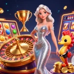 Engage with toto through a vibrant casino scene featuring dynamic slots, a stunning character, and playful elements.