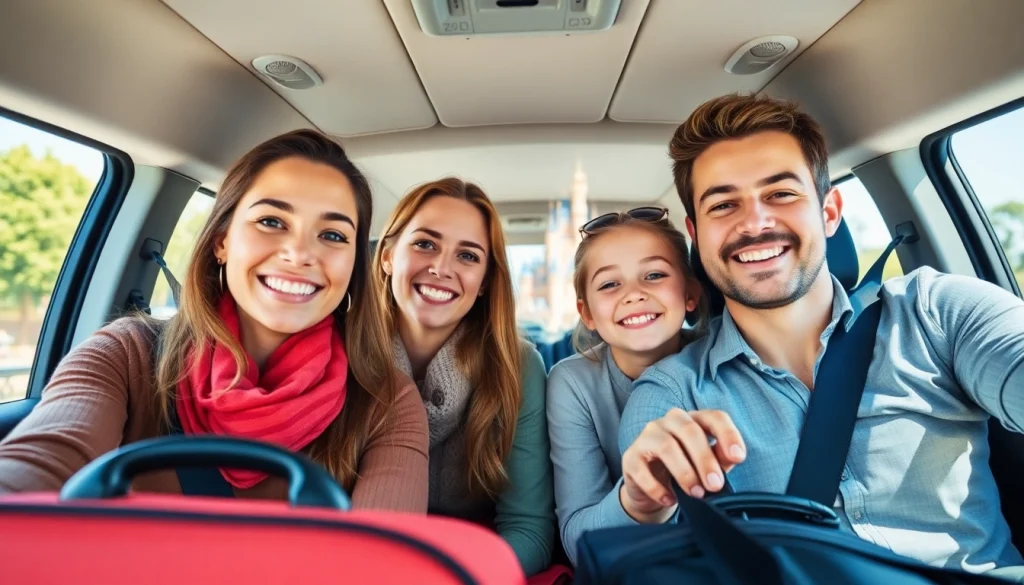 Family smiling during their Beauvais Airport to Disney Transfer in a comfortable transport.