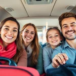 Family smiling during their Beauvais Airport to Disney Transfer in a comfortable transport.