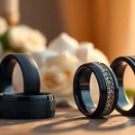 Show different Black Wedding Rings for Men showcasing unique designs and textures.