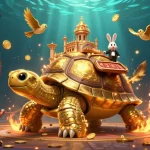 Baccarat table scene with a golden tortoise casino and rabbit dealer amidst flying golden coins