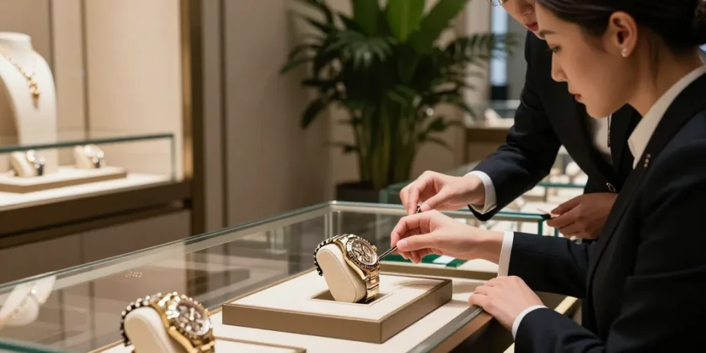 Customer exploring exquisite rolex replica watches in a luxury boutique