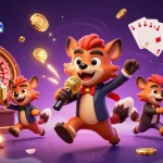 Playing at idn slot poker88 with vibrant hyenas in a colorful casino atmosphere, delivering laughs and excitement.