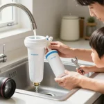 Replacing the Waterdrop FQK1R, GXULQR Under Sink Replacement Filter in a bright kitchen, showcasing family involvement and home maintenance.