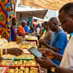 Gold price in Kenya today reflected in vibrant market scene with gold trader and jewelry.