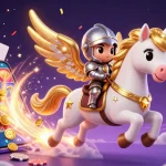 Spin to win with slot mahjong 777 as colorful reels and golden coins erupt around the celestial horse and knight.