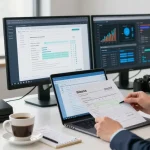 Reviewing documents to detect fake invoices in a modern office setting.