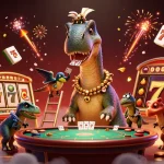 Bet on vibrant m88 slots with a captivating brontosaurus and clever raptor in a lively casino scene.