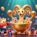 Jouer au casino en ligne avec une illustration 3D animée d'un bol de ramen géant et des personnages colorés.