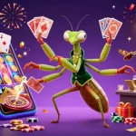 Slot gacor penuh kegembiraan, dengan karakter unik dan elemen permainan di sekelilingnya.