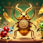Spin on jackpot slots for bitcoin with a cartoon giant beetle and vibrant casino elements.