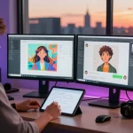 Create engaging AI NSFW content in a modern digital workspace with vibrant city backdrop.
