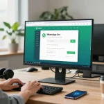 Using WhatsApp電腦版 on a sleek computer in a bright office workspace, showcasing productivity and modern tech.