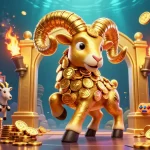 Découvrez le casino fiable en ligne avec cette illustration d'un bélier doré en pleine charge, entouré d'éléments de jeux dynamiques.