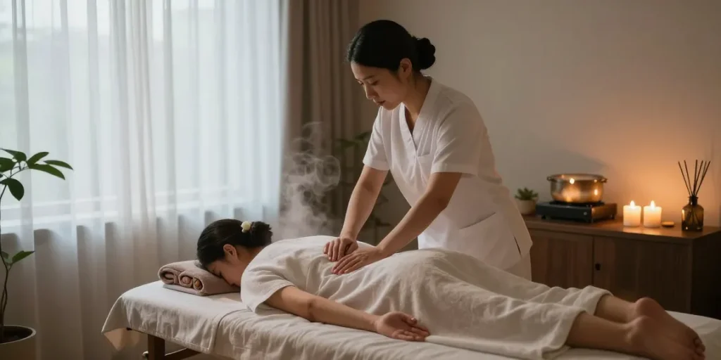 건대출장안마의 편안한 마사지 모습과 아늑한 실내 배경