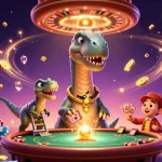 Engage with Mapan777 as a brontosaurus looms over a bustling casino scene, vibrant and full of energy.