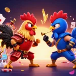 Engage with situs slot excitement as cartoon roosters clash over animated gaming treasures.