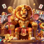 Jouez aux casinos en ligne avec des jackpots, un roi lion et des éléments en or.