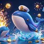 Découvrez une scène dynamique de casino fiable en ligne avec un baleinier, un narwhal et des dauphins jouant.