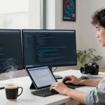 Developer using Telegram中文版 on dual monitors in a modern workspace, highlighting productivity and tech lifestyle.
