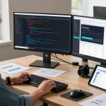 Modern workspace featuring a developer enhancing 纸飞机中文版 with code and project management tools.