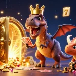 Découvrez les jeux au casino fiable en ligne avec un T-Rex jouant aux cartes entouré de richesses.