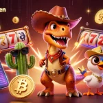 Spin and win with isuzukebumen’s vibrant 3D casino illustration featuring a T-Rex at the slots.
