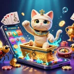 Découvrez le casino fiable en ligne avec un chat momie égyptien et des éléments de jeu colorés.