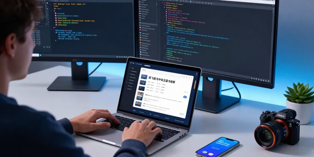 Engaged user interacting with the 纸飞机中文版 app in a modern tech workspace.