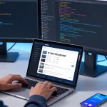 Engaged user interacting with the 纸飞机中文版 app in a modern tech workspace.