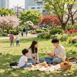Families enjoying a sunny day in 상봉동 한국관 park, capturing community spirit.
