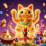 Célébrez la magie des casinos en ligne fiables avec cette illustration de chat chanceux animé entouré de jeux d'argent.
