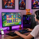 A passionate gamer enjoying Zeus Slot game on a high-definition monitor with colorful graphics and immersive atmosphere.