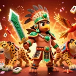 Plongez dans le monde du casino fiable en ligne avec cette illustration de guerriers aztèques et des éléments de jeu.