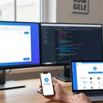 Discover the features of telegram中文版 in a modern workspace filled with tech gadgets and vibrant chat displays enhancing productivity.