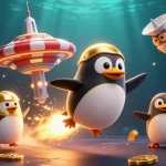 Jeux de casinos en ligne captivants avec un pingouin doré propulsé par une fusée et des pièces scintillantes.