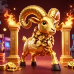 Illustration d'un casino fiable en ligne mettant en scène un bélier doré et des éléments de jeu variés.
