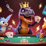 Jouer au poker en ligne avec un T-Rex et des cartes, une ambiance dynamique de casino.