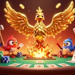 Win big with Hoki126 at this vibrant casino scene, showcasing a golden phoenix and poker elements.