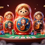 Illustration d'un casino fiable en ligne avec ours Matriochka et éléments de poker flamboyants, réunissant divertissement et immersion.