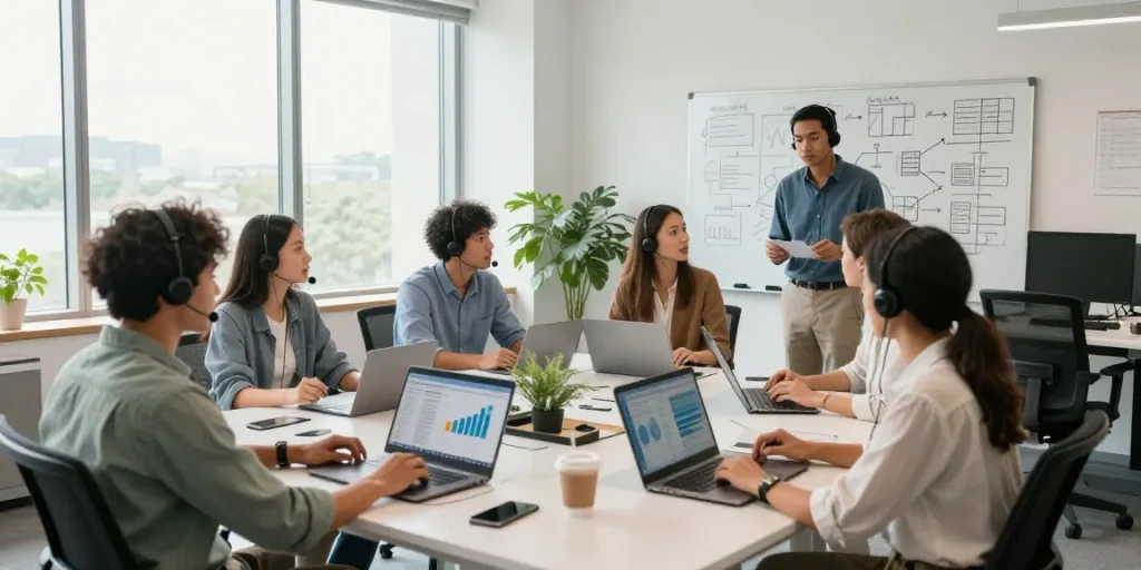 Proactive IT support small business team collaborating in a modern office for effective technology solutions.