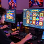 Exciting gaming environment featuring a player engaged with situs slot games, vibrant screen graphics and gaming accessories creating a dynamic atmosphere.