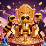 Illustration dynamique de casino français en ligne avec un patron en costume entouré de gardes, jetons et cartes s'envolant.